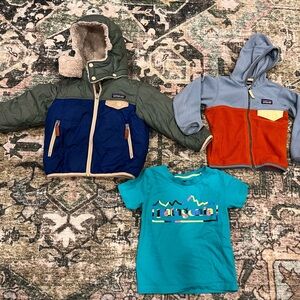 Patagonia 2T jacket, zip up and t-shirt bundle